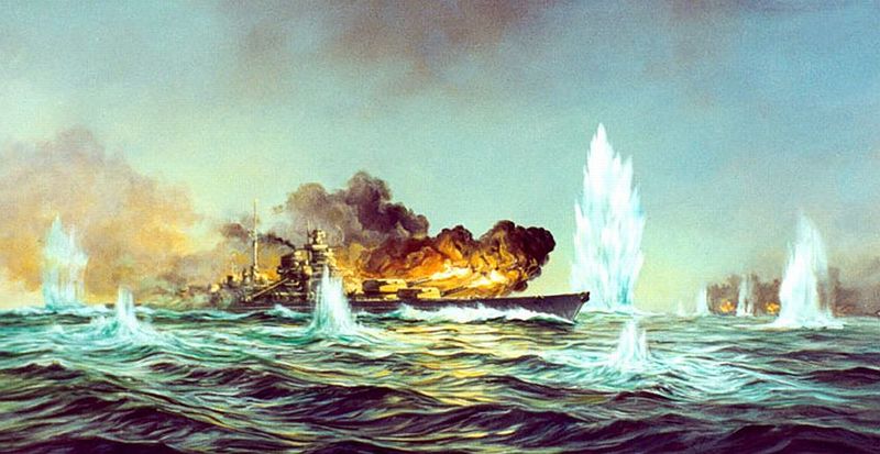 Datei:Historiengemälde Schlachtschiff Bismarck im Gefecht mit der Hood.jpg